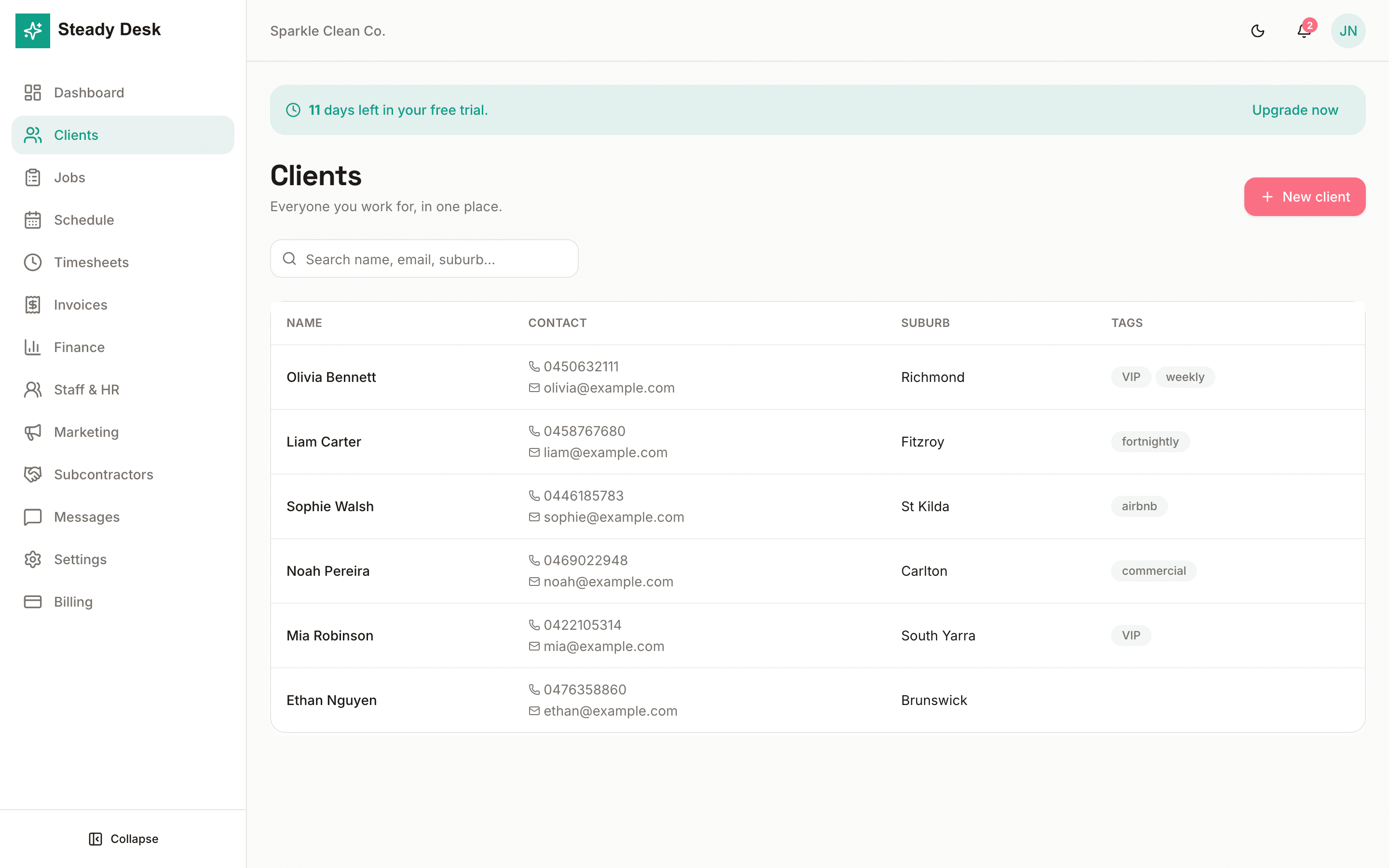 Steady Desk clients page with customer list and tags