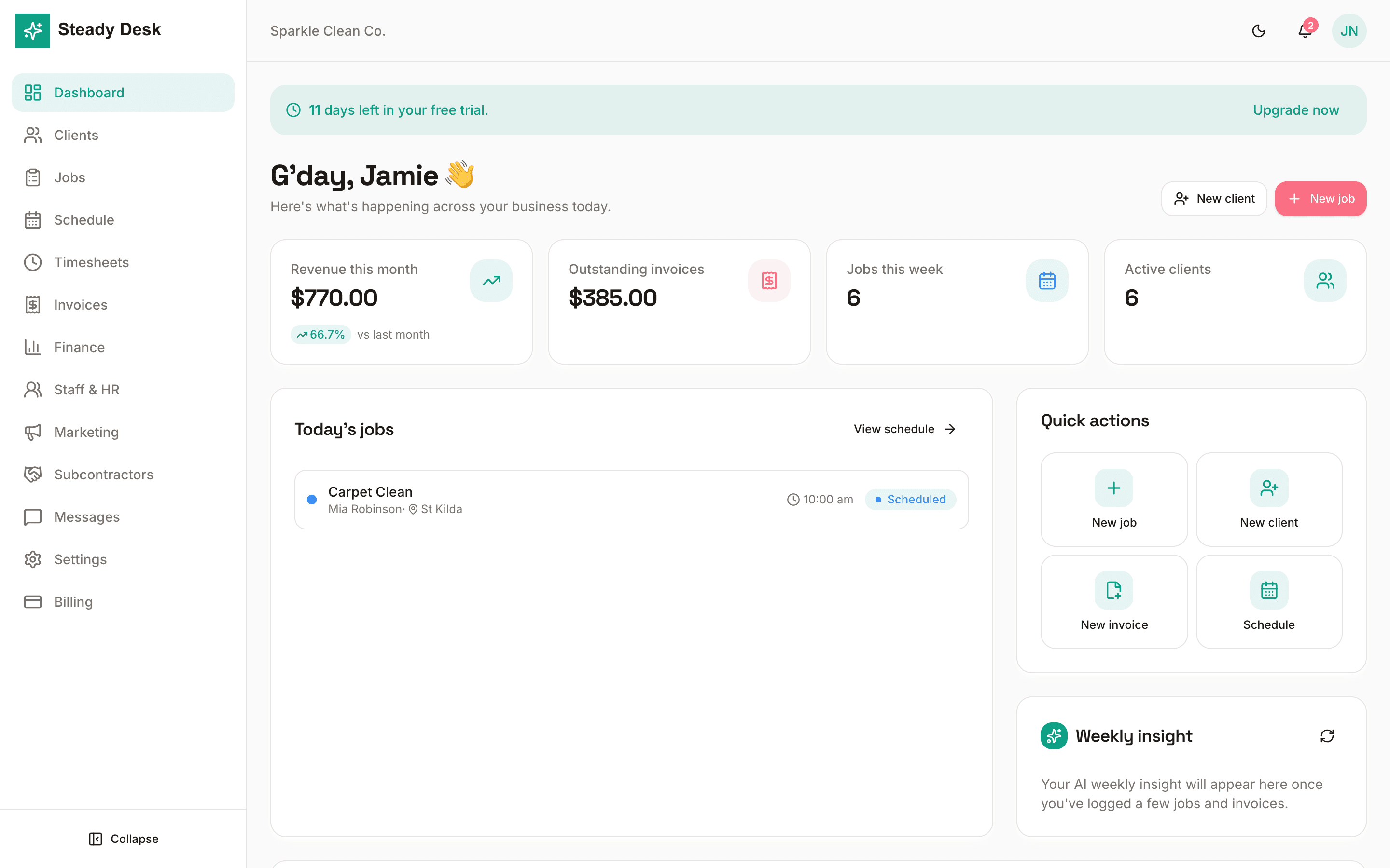 Steady Desk dashboard showing revenue, invoices, jobs and quick actions