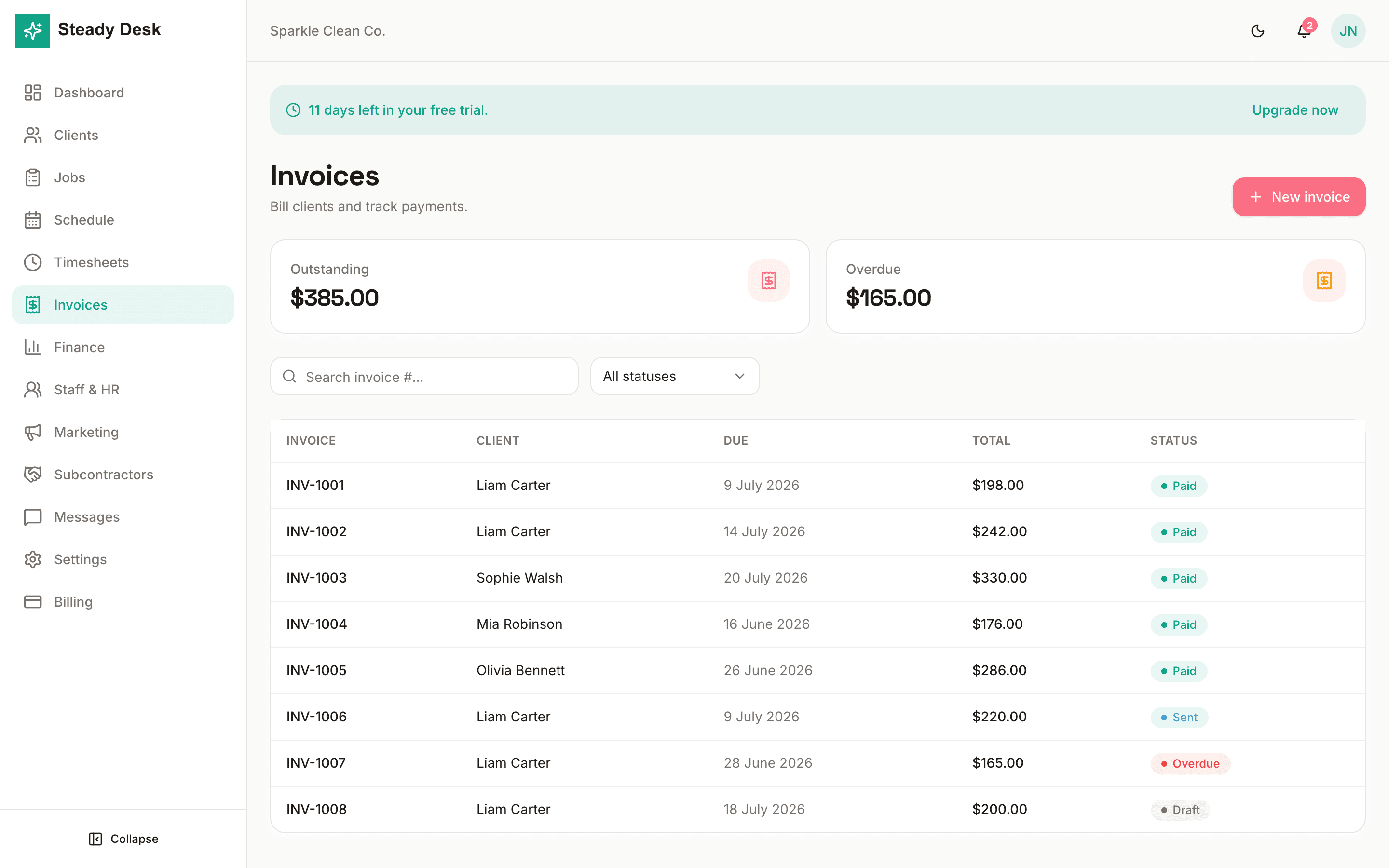 Steady Desk invoices page showing totals and invoice statuses
