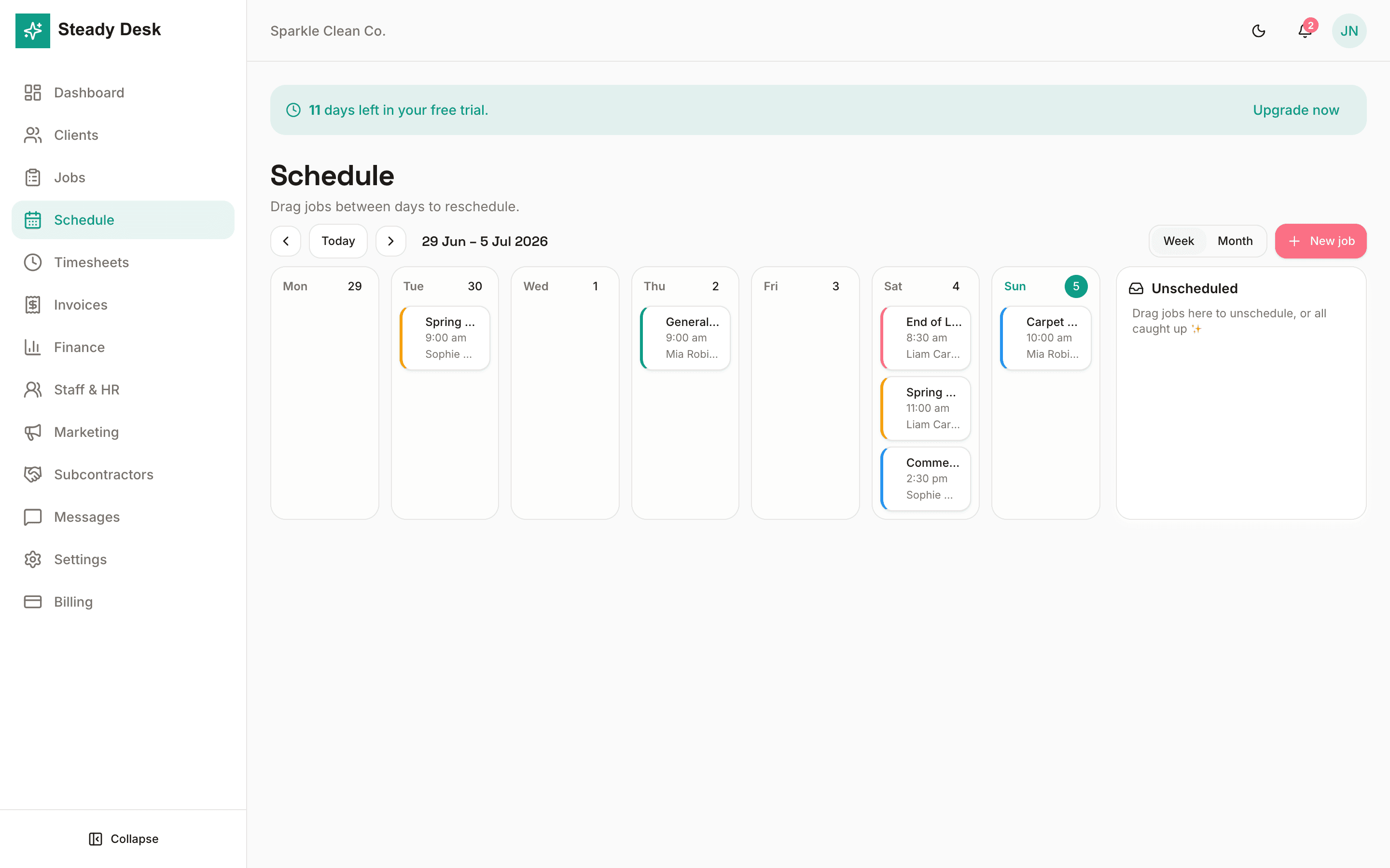 Steady Desk schedule page with a weekly job calendar